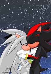 Size: 1431x2048 | Tagged: safe, artist:iseechaos, shadow the hedgehog, silver the hedgehog, abstract background, duo, eyes closed, gay, holding each other, kiss, shadow x silver, shipping, signature, standing, star (sky)