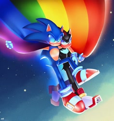 Size: 1931x2048 | Tagged: safe, artist:shady_tr, shadow the hedgehog, sonic the hedgehog, 2024, duo, flag, gay, gay pride, gradient background, holding each other, holding something, looking at each other, pride, pride flag, shadow x sonic, shipping, signature, smile