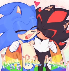 Size: 1984x2024 | Tagged: safe, artist:m3eoweow, shadow the hedgehog, sonic the hedgehog, 2024, blushing, cute, duo, ear piercing, english text, eyes closed, flag, gay, gay pride, heart, holding something, kiss on cheek, outline, pride, pride flag, shadow x sonic, shadowbetes, shipping, simple background, smile, sonabetes, standing, top surgery scars, trans male, transgender