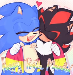 Size: 1984x2024 | Tagged: safe, artist:m3eoweow, shadow the hedgehog, sonic the hedgehog, 2024, alternate version, blushing, cute, duo, ear piercing, english text, eyes closed, flag, gay, heart, holding something, kiss on cheek, outline, pansexual, pansexual pride, pride, pride flag, shadow x sonic, shadowbetes, shipping, simple background, smile, sonabetes, standing, top surgery scars, trans male, transgender