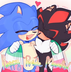 Size: 1984x2024 | Tagged: safe, artist:m3eoweow, shadow the hedgehog, sonic the hedgehog, 2024, abrosexual, abrosexual pride, alternate version, blushing, cute, duo, ear piercing, english text, eyes closed, flag, gay, heart, holding something, kiss on cheek, outline, pride, pride flag, shadow x sonic, shadowbetes, shipping, simple background, smile, sonabetes, standing, top surgery scars, trans male, transgender