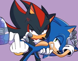 Size: 1500x1179 | Tagged: safe, artist:starlight_seed, shadow the hedgehog, sonic the hedgehog, carrying them, duo, frown, gay, holding them, looking at viewer, purple background, shadow x sonic, shipping, signature, simple background, smile, standing