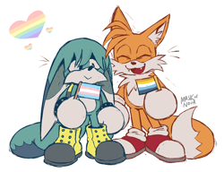 Size: 1198x918 | Tagged: safe, artist:maskofnova, kit the fennec, miles "tails" prower, 2024, ace, aro ace pride, aromantic, cute, duo, fangs, flag, heart, holding something, kitabetes, pride, pride flag, signature, simple background, smile, standing, tailabetes, trans male, trans pride, transgender, white background