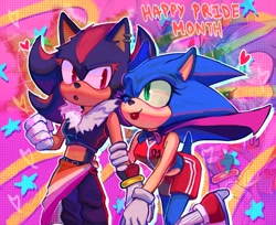 Size: 1551x1266 | Tagged: safe, artist:br0shh, shadow the hedgehog, sonic the hedgehog, 2024, abstract background, bisexual, bisexual pride, cape, clothes, duo, english text, gender swap, heart, lesbian, lesbian pride, outline, pride, pride flag, shadow x sonic, shipping, smile, star (symbol)