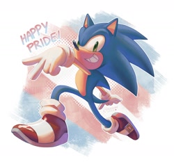 Size: 1763x1665 | Tagged: safe, artist:spacecolonie, sonic the hedgehog, 2024, backwards v sign, english text, looking at viewer, pride, smile, solo, trans male, trans pride, transgender