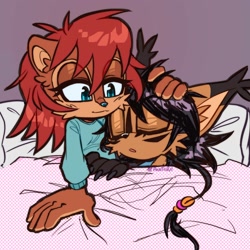 Size: 2000x2000 | Tagged: safe, artist:pontiikii, nicole the hololynx, sally acorn, 2024, bed, duo, eyes closed, hand on another's head, lesbian, lidded eyes, nicole x sally, purple background, shipping, simple background, smile