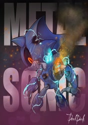 Size: 1448x2048 | Tagged: safe, artist:deaddark23, metal sonic, 2024, abstract background, black sclera, character name, electricity, looking at viewer, looking back, looking back at viewer, robot, signature, smoke, solo, standing