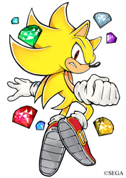 Size: 842x1191 | Tagged: safe, artist:click_burgundy, sonic the hedgehog, super sonic, 2024, chaos emerald, clenched fist, clenched teeth, flying, looking at viewer, simple background, solo, super form, uekawa style, white background