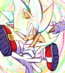 Size: 1080x1200 | Tagged: safe, artist:leaf--storm, sonic the hedgehog, abstract background, hyper form, hyper sonic, looking at viewer, posing, smile, solo, wink