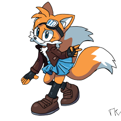 Size: 2048x2048 | Tagged: safe, artist:taeko, miles "tails" prower, 2024, aviator jacket, goggles, looking at viewer, mobius.social exclusive, signature, simple background, skirt, smile, solo, stockings, trans female, transgender, transparent background, v sign