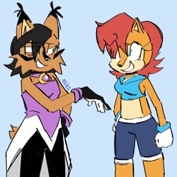 Size: 1080x1080 | Tagged: safe, artist:miles-deerbun, nicole the hololynx, sally acorn, blue background, duo, eye clipping through hair, eyebrow clipping through hair, lesbian, looking at each other, nicole x sally, shipping, signature, simple background, smile, standing