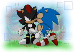 Size: 2048x1448 | Tagged: safe, artist:becci_d_artist, shadow the hedgehog, sonic the hedgehog, 2024, abstract background, blushing, classic shadow, classic sonic, cute, duo, eyes closed, gay, grass, heart, kiss on cheek, one eye closed, shadow x sonic, shipping, signature, smile, standing