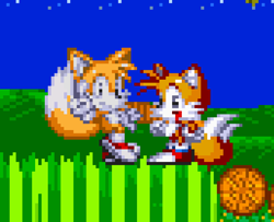 Size: 686x558 | Tagged: safe, artist:gilandes52, miles "tails" prower, 2022, abstract background, classic tails, duo, emerald hill, looking at viewer, modern tails, pixel art, posing, self paradox, smile, sprite, standing