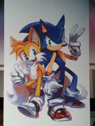 Size: 740x986 | Tagged: safe, artist:lujji, miles "tails" prower, sonic the hedgehog, 2013, duo, holding hands, smile, standing, thumbs up, traditional media, v sign