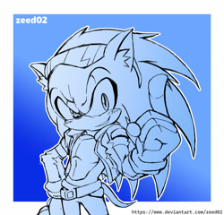 Size: 1280x1229 | Tagged: safe, artist:zeed_02, sonic the hedgehog, 2023, belt, border, clothes, gradient background, jacket, looking at viewer, monochrome, outline, pointing, redesign, signature, smile, solo, standing, sunglasses
