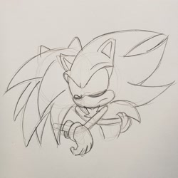 Size: 2048x2048 | Tagged: safe, artist:sunnysundaeart, shadow the hedgehog, sonic the hedgehog, hedgehog, 2024, comforting, duo, eyes closed, frown, gay, hugging, line art, pencilwork, shadow x sonic, shipping, sketch, traditional media