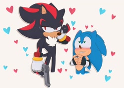 Size: 2048x1448 | Tagged: safe, artist:ume_shigaraki, shadow the hedgehog, sonic the hedgehog, hedgehog, 2024, blushing, duo, ear piercing, earring, enamored, fingerless gloves, frown, gay, gun, heart, heart eyes, holding something, looking at them, looking away, shadow x sonic, shipping, simple background, smile, standing, sweatdrop