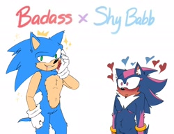 Size: 2048x1580 | Tagged: safe, artist:umtrem, shadow the hedgehog, sonic the hedgehog, hedgehog, bleeding, bleeding from mouth, blood, blushing, duo, ear fluff, english text, fluffy, gay, heart, injured, looking at them, looking offscreen, shadow x sonic, shipping, simple background, smile, sparkles, standing, top surgery scars, transgender, white background