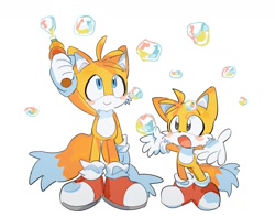 Size: 1700x1342 | Tagged: safe, artist:snti_82, miles "tails" prower, 2024, blushing, bubble, classic tails, cute, duo, looking up, modern tails, self paradox, simple background, smile, tailabetes, white background