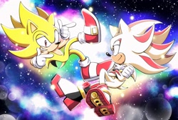 Size: 2048x1380 | Tagged: safe, artist:wiggle_rain, shadow the hedgehog, sonic the hedgehog, super shadow, super sonic, hedgehog, 2024, abstract background, arms folded, duo, flying, gay, looking at each other, pointing, shadow x sonic, shipping, smile, star (sky), super form