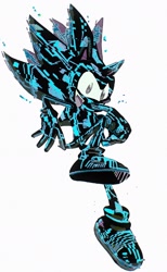 Size: 1265x2048 | Tagged: safe, artist:chaodaycare, sonic the hedgehog, sonic frontiers, 2024, cyber form, cyber sonic, fangs, flying, looking offscreen, mouth open, simple background, smile, solo, sonic frontiers: final horizon, white background