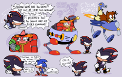 Size: 1704x1072 | Tagged: safe, artist:the_extrarare, grounder, miles "tails" prower, robotnik, scratch, shadow the hedgehog, sonic the hedgehog, adventures of sonic the hedgehog, sonic adventure 2, 2024, angry, cyclone, eggwalker, grey background, phone, simple background, speech bubble, tapping foot