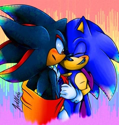 Size: 950x1000 | Tagged: safe, artist:just_nicki_, shadow the hedgehog, sonic the hedgehog, 2024, abstract background, blushing, duo, eyes closed, gay, holding something, looking at them, pride, shadow x sonic, shipping, signature, smile, standing