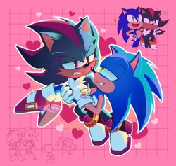 Size: 1812x1717 | Tagged: safe, artist:nek0platinum, shadow the hedgehog, sonic the hedgehog, sonic prime, 2024, abstract background, carrying them, clenched teeth, duo, gay, heart, lidded eyes, looking at each other, meme, outline, redraw, shadow x sonic, shipping, 🏳️‍🌈❓️