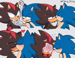Size: 2048x1583 | Tagged: safe, artist:clery_trixy, shadow the hedgehog, sonic the hedgehog, 2024, blushing, covering face, cute, duo, eyes closed, finger under chin, flustered, frown, gay, grey background, heart, kiss, lidded eyes, looking at each other, question mark, shadow x sonic, shadowbetes, shipping, signature, simple background, smile, sonabetes, surprised, sweatdrop