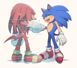 Size: 1092x975 | Tagged: safe, artist:sk_rokuro, knuckles the echidna, sonic the hedgehog, sonic frontiers, 2024, blushing, cute, duo, eyes closed, fistbump, gay, knucklebetes, knuxonic, mouth open, shipping, signature, simple background, smile, sonabetes, white background