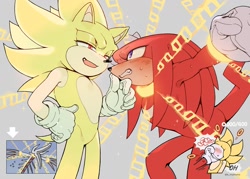Size: 1293x927 | Tagged: safe, artist:sk_rokuro, knuckles the echidna, sonic the hedgehog, super sonic, wyvern, sonic frontiers, 2024, blushing, bondage, chain, clenched teeth, duo focus, finger under chin, gay, grey background, hand on hip, knuxonic, lidded eyes, looking at each other, mouth open, one fang, punching, ring, shipping, simple background, smile, super form, sweatdrop, trio