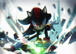 Size: 2048x1448 | Tagged: safe, artist:shiiyou2, shadow the hedgehog, 2024, abstract background, chaos emerald, debris, frown, holding something, looking at viewer, solo
