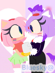 Size: 768x1024 | Tagged: safe, artist:bluey-wonder, amy rose, blaze the cat, cat, hedgehog, 2024, amy x blaze, bisexual pride, cute, female, females only, holding hands, lesbian, lesbian pride, looking at each other, pride, shipping