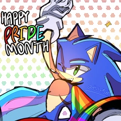 Size: 1280x1280 | Tagged: safe, artist:hostashai, sonic the hedgehog, 2024, abstract background, cape, english text, gay pride, looking offscreen, pride, pride flag, signature, smile, solo, top surgery scars, trans male, trans pride, transgender, wink