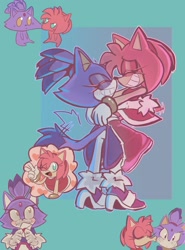 Size: 1517x2048 | Tagged: safe, artist:_karl0_, amy rose, blaze the cat, 2024, amy x blaze, blushing, border, carrying them, cute, heart, kiss on cheek, lesbian, love letter, shipping, simple background, smile, standing, thought bubble, wagging tail
