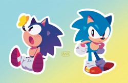 Size: 2048x1326 | Tagged: safe, artist:ari_vsart, sonic the hedgehog, 2024, blushing, butterfly, classic sonic, duo, frown, gradient background, hands on hips, looking at something, outline, signature, standing