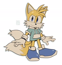 Size: 1961x2048 | Tagged: safe, artist:thatbirdguy_, miles "tails" prower, 2024, alternate outfit, blue shoes, hoodie, looking at viewer, signature, simple background, smile, solo, standing, white background