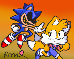 Size: 507x410 | Tagged: safe, artist:1red12345, miles "tails" prower, oc, oc:sonic.exe, 2024, :<, chasing, clothes, duo, frown, gradient background, looking at them, overalls, running, sharp teeth, signature, smile, trans female, transgender