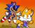 Size: 507x410 | Tagged: safe, artist:1red12345, miles "tails" prower, sonic the hedgehog, oc, oc:sonic.exe, 2024, :<, chasing, clothes, duo, frown, gradient background, looking at them, overalls, running, sharp teeth, signature, smile, trans female, transgender