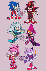 Size: 1050x1600 | Tagged: safe, artist:lm-tomatito, amy rose, blaze the cat, espio the chameleon, shadow the hedgehog, silver the hedgehog, sonic the hedgehog, 2024, amy x blaze, flame, gay, gender swap, group, lesbian, purple background, r63 shipping, shadow x sonic, shipping, silvio, simple background