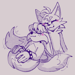 Size: 1318x1322 | Tagged: safe, artist:silvers-starrway, kit the fennec, miles "tails" prower, 2024, blushing, cute, duo, eyes closed, freckles, gay, grey background, kitabetes, kitails, leaning back, leaning on them, line art, shipping, simple background, smile, tailabetes, wagging tail