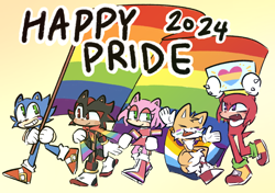 Size: 2048x1445 | Tagged: safe, artist:somemismatchedsocks, amy rose, knuckles the echidna, miles "tails" prower, shadow the hedgehog, sonic the hedgehog, 2024, amybetes, aro ace pride, bisexual pride, blushing, cape, cute, english text, face paint, flag, gay pride, genderqueer pride, group, holding something, knucklebetes, lesbian pride, pansexual pride, pride, pride flag, shadowbetes, simple background, smile, sonabetes, tailabetes, walking, yellow background