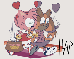 Size: 1263x1000 | Tagged: safe, artist:pattehrose, amy rose, sticks the badger, amybetes, bag, cute, duo, grey background, heart, lesbian, lesbian pride, pride, shipping, signature, simple background, smile, stickabetes, sticksamy, walking