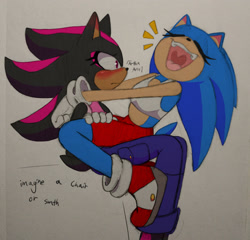 Size: 2048x1964 | Tagged: safe, artist:artboxartist, shadow the hedgehog, sonic the hedgehog, blushing, clothes, duo, eyes closed, frown, gender swap, holding each other, laughing, lesbian, looking at them, shadow x sonic, shipping, sitting, sitting on them