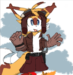 Size: 589x608 | Tagged: safe, artist:momgana_, miles "tails" prower, aviator jacket, belt, brown gloves, cute, goggles, looking offscreen, mouth open, pilot hat, smile, solo, standing