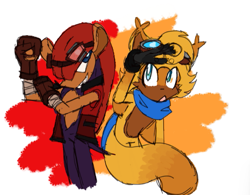 Size: 635x495 | Tagged: safe, artist:momgana_, mighty the armadillo, ray the flying squirrel, duo, flexing, goggles, looking up, mouth open, smile, standing