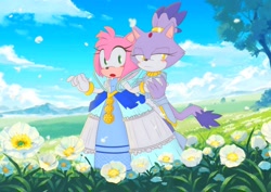 Size: 2048x1448 | Tagged: safe, artist:ume_shigaraki, amy rose, blaze the cat, nimue, cat, hedgehog, sonic and the black knight, 2024, amy x blaze, cute, female, females only, holding hands, knight armor, lesbian, looking at viewer, outdoors, shipping, sir percival