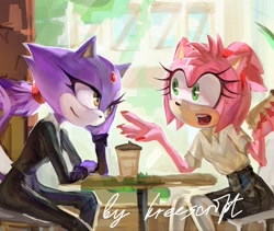 Size: 2048x1726 | Tagged: safe, artist:kreescript, amy rose, blaze the cat, cat, hedgehog, 2024, amy x blaze, cute, date, female, females only, lesbian, looking at each other, shipping
