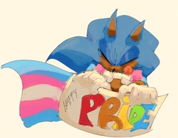 Size: 2048x1588 | Tagged: safe, artist:dailyhogz, sonic the hedgehog, 2024, cape, cute, english text, eyes closed, holding something, pride, simple background, sketch, solo, tongue out, trans male, trans pride, transgender