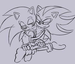 Size: 984x844 | Tagged: safe, artist:sunnysundaeart, shadow the hedgehog, sonic the hedgehog, 2024, blushing, cute, duo, gay, grey background, holding them, kneeling, lidded eyes, line art, looking at each other, shadow x sonic, shipping, simple background, sketch, smile